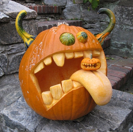 Monster carved from pumpkin